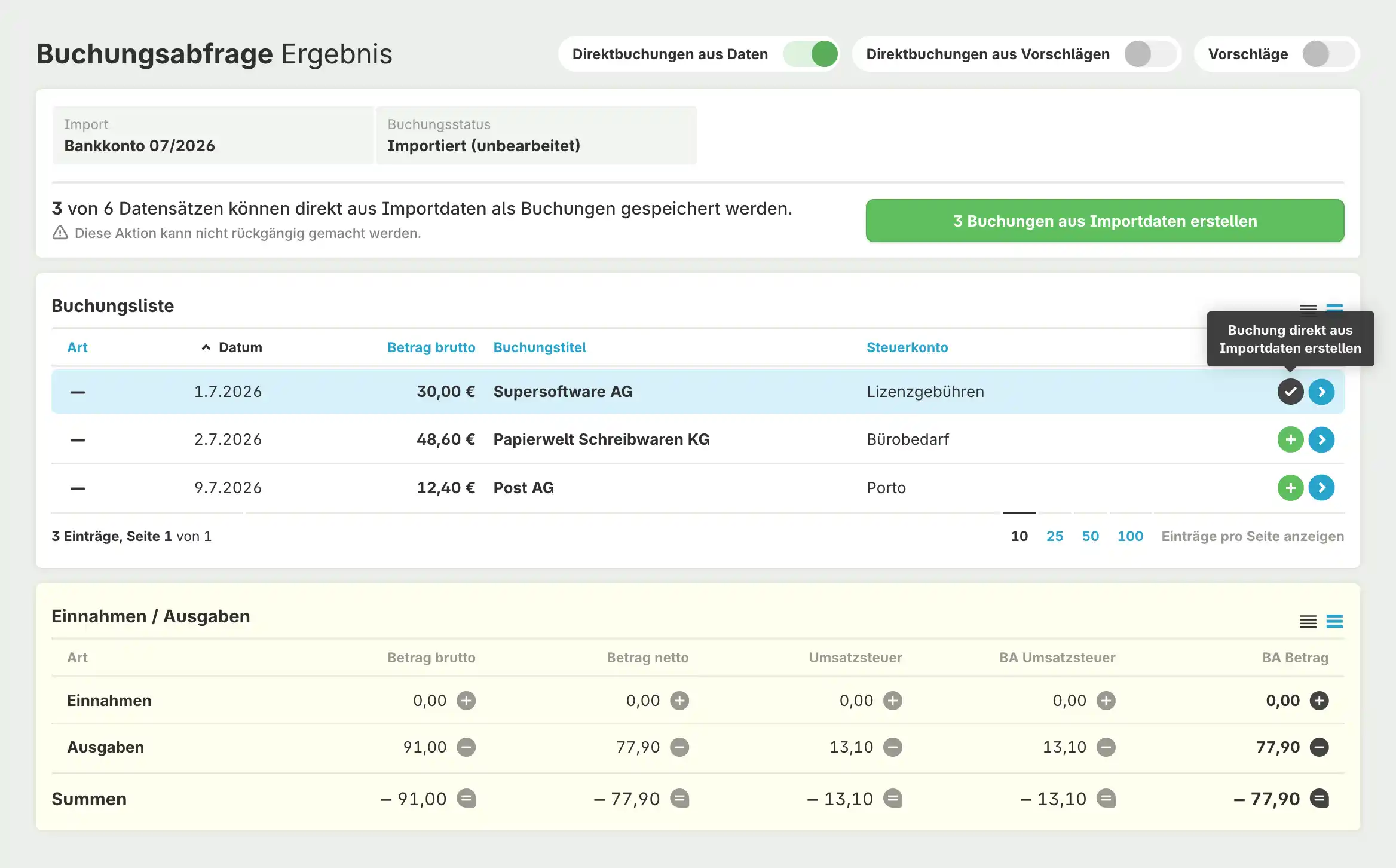 Direktbuchungen aus Daten Direktbuchung aus Importdaten