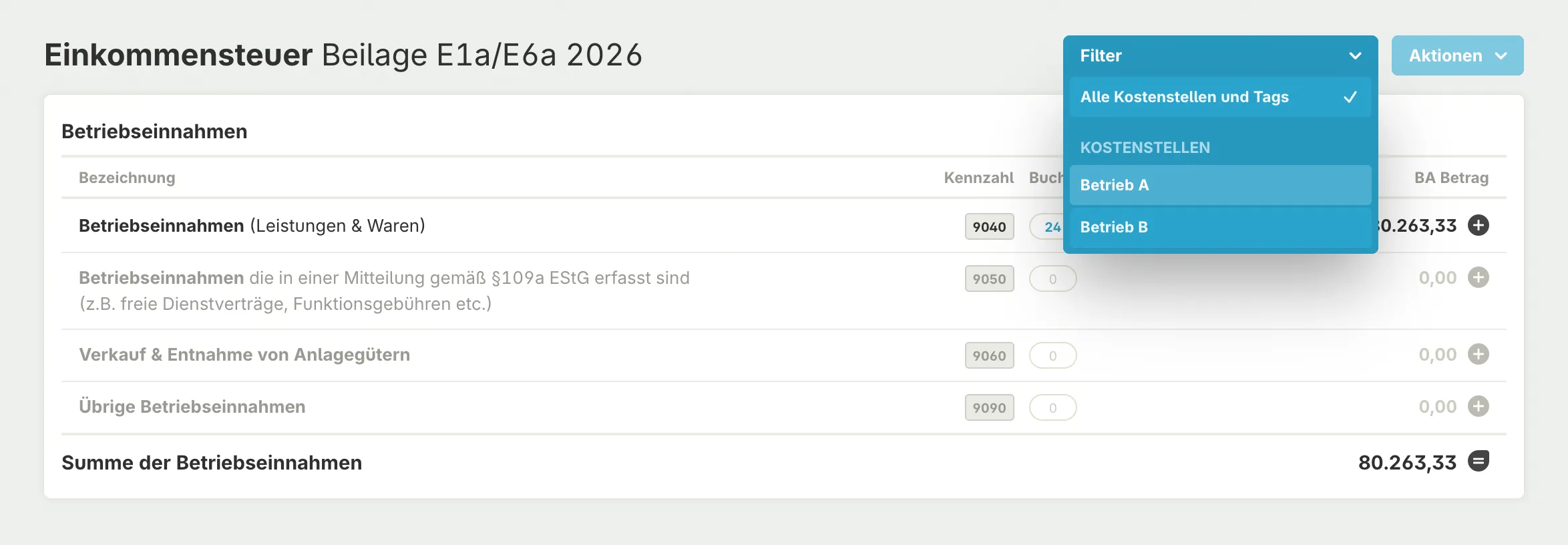 Beilage E1a/E6a nach Kostenstellen filtern