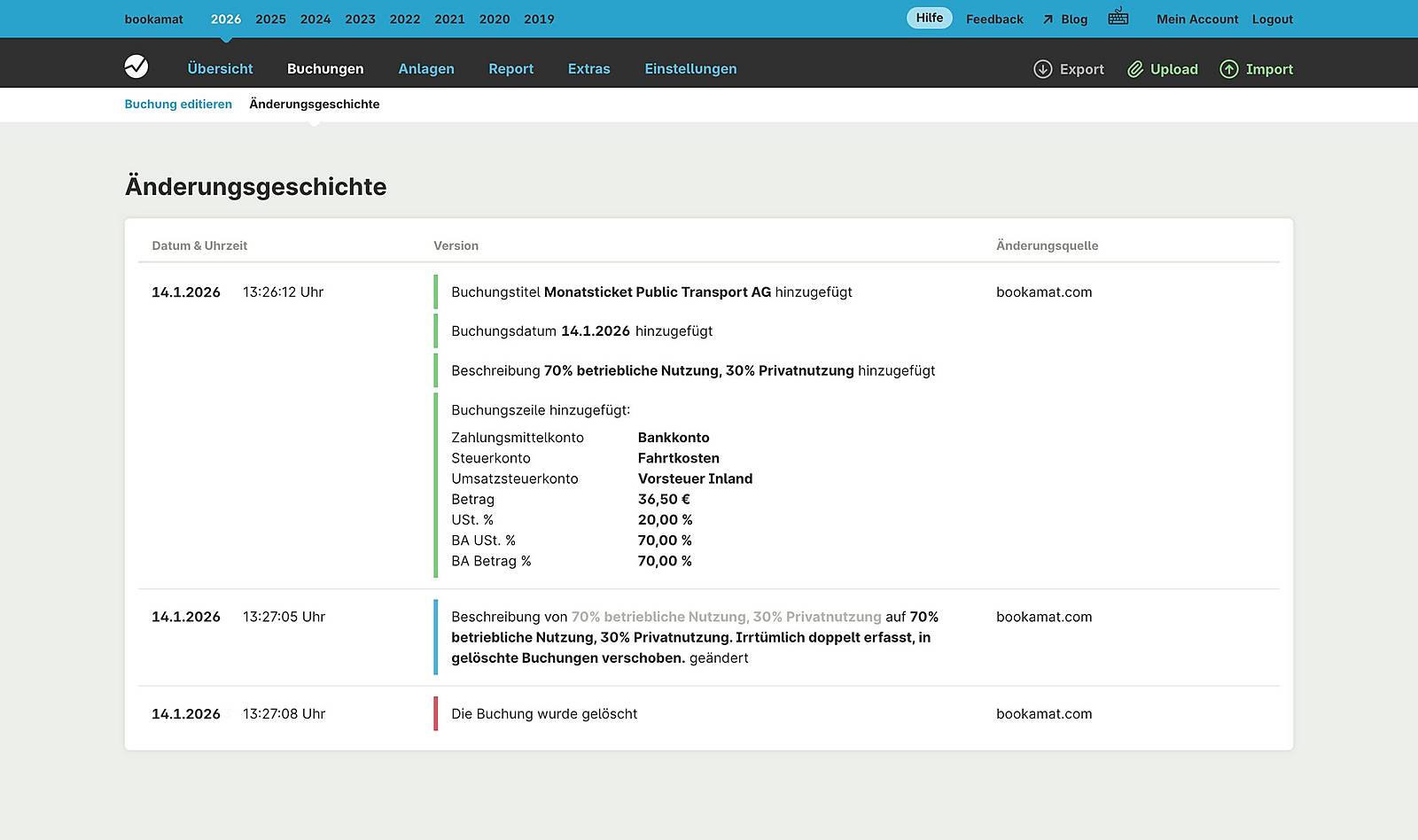Die Änderungsgeschichte einer Buchung listet alle Modifikationen auf