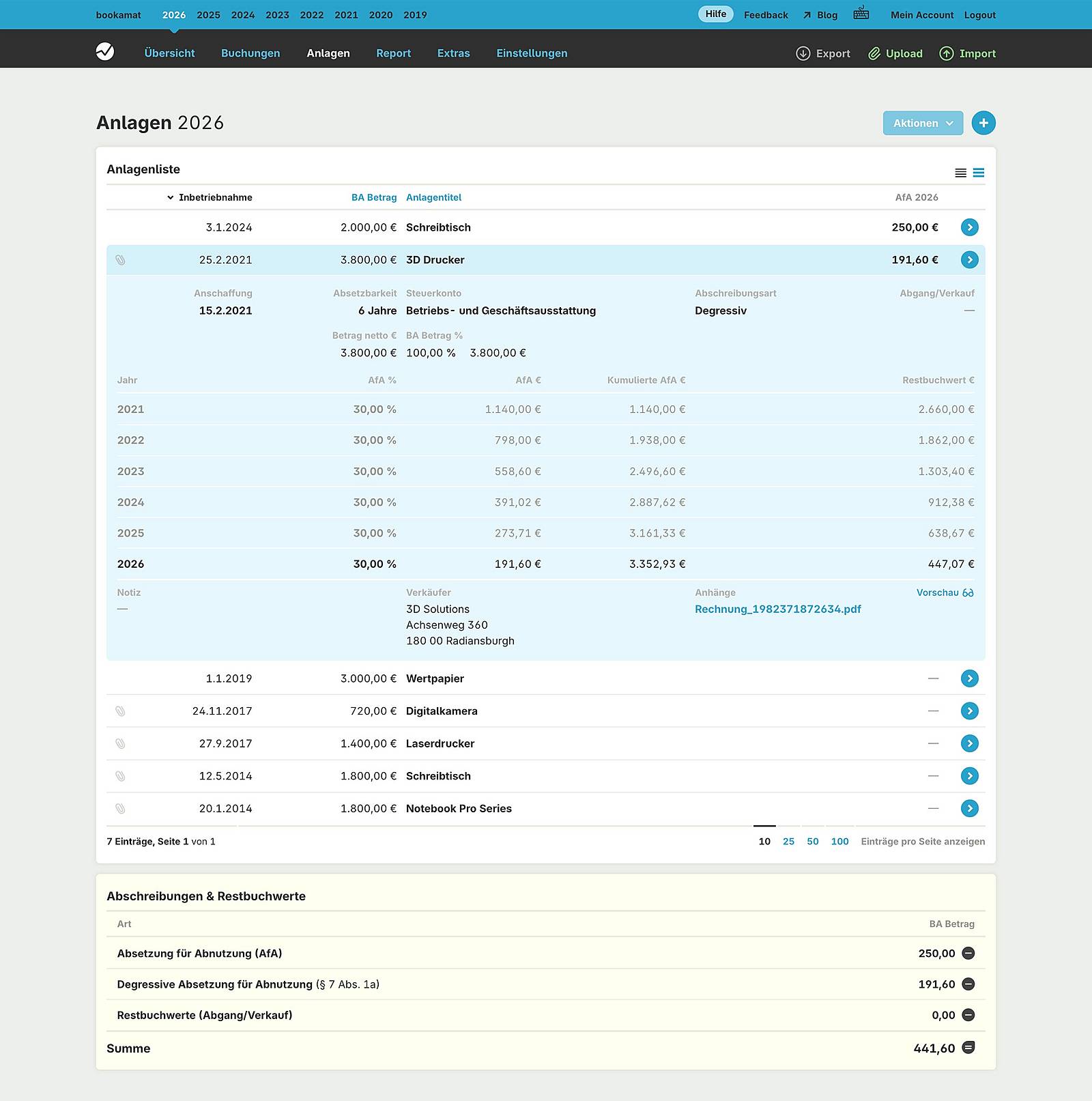Anlagenverzeichnis samt Berechnung der AfA und Restbuchwerte
