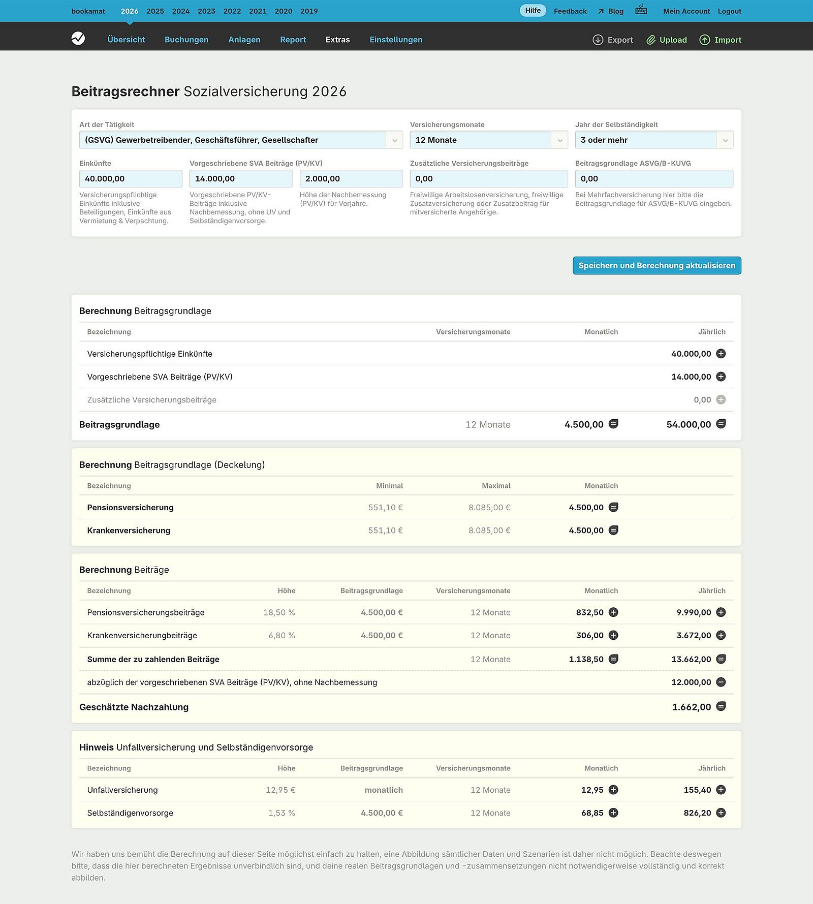 Berechnung von Sozialversicherungsbeiträgen zur Überprüfung von zu erwartenden Gutschriften oder Nachzahlungen