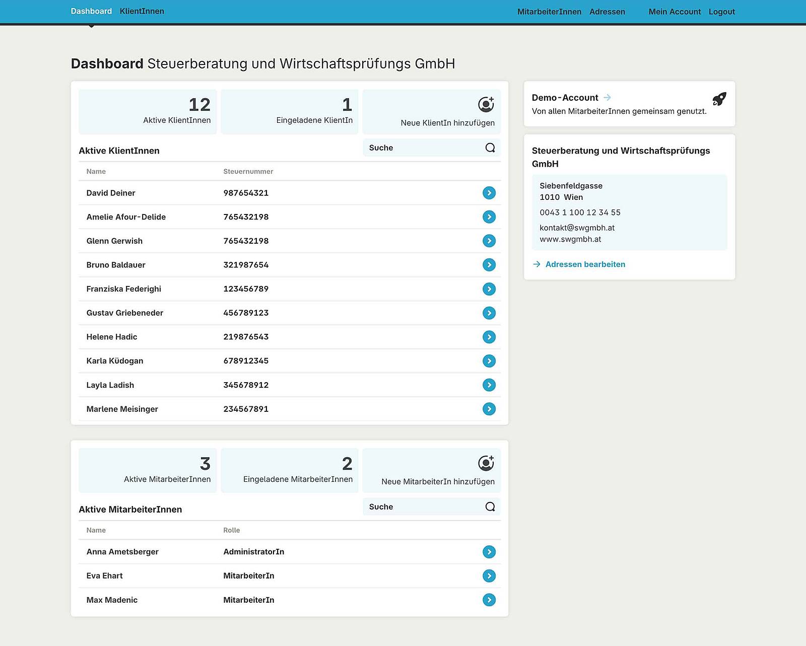 Dashboard für Steuerberatungen mit Übersichten KlientInnen und MitarbeiterInnen