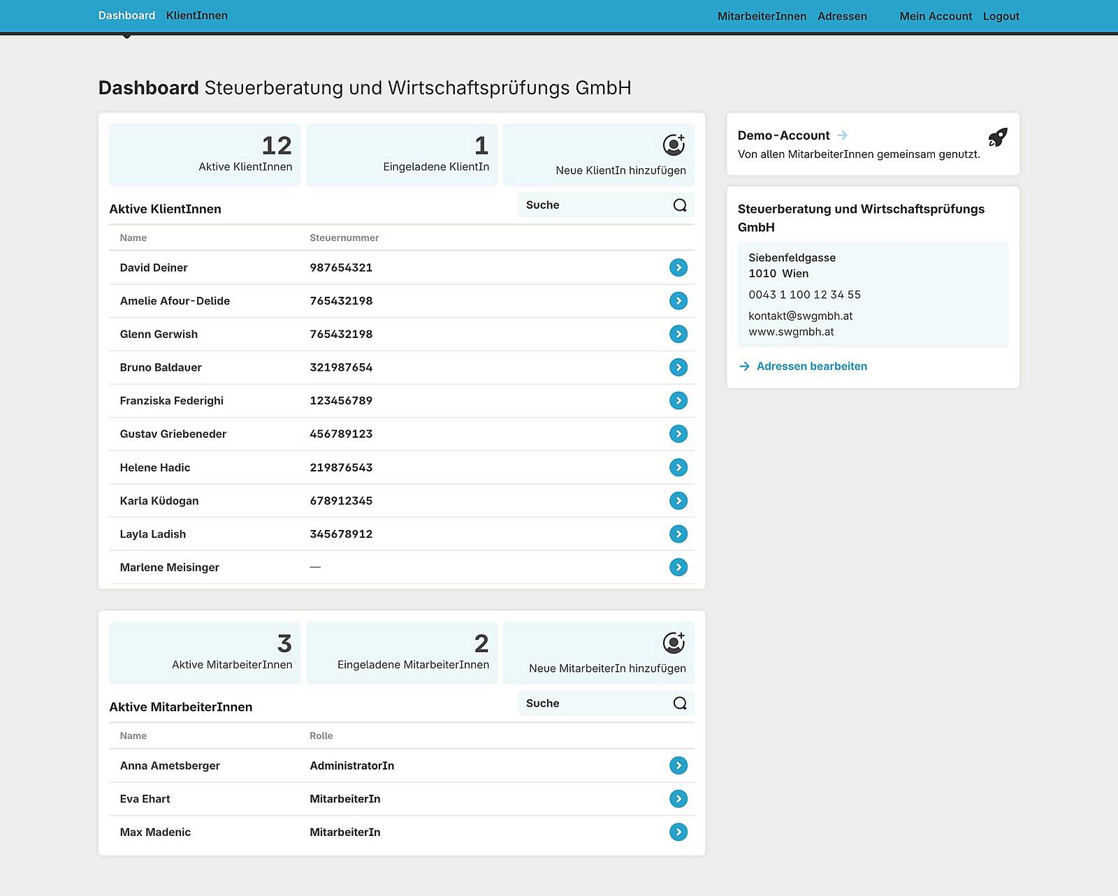 Dashboard für Steuerberatungen mit Übersichten KlientInnen und MitarbeiterInnen