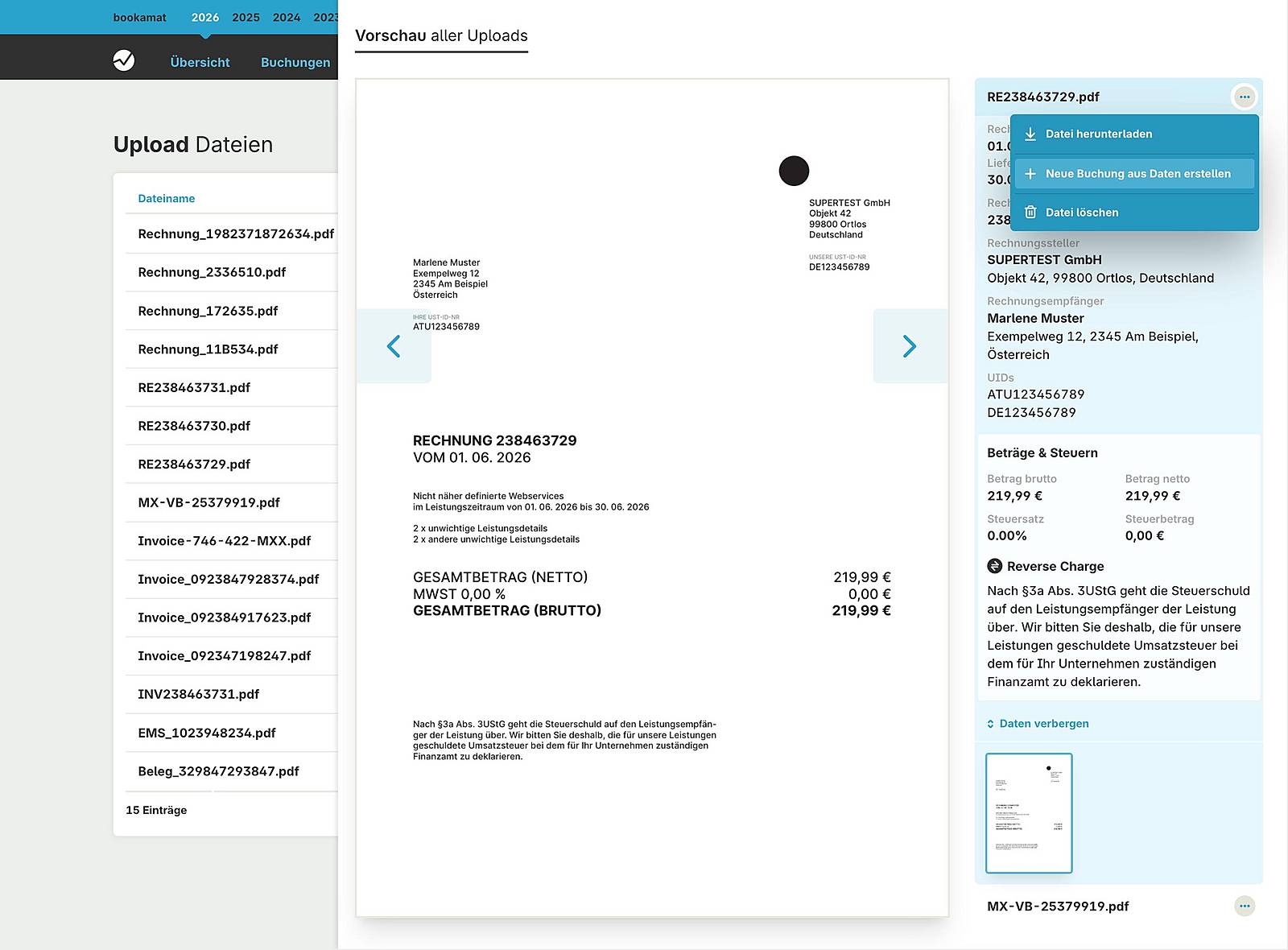 Detailansicht eines Uploads mit Vorschau und analysierten Rechnungsdaten