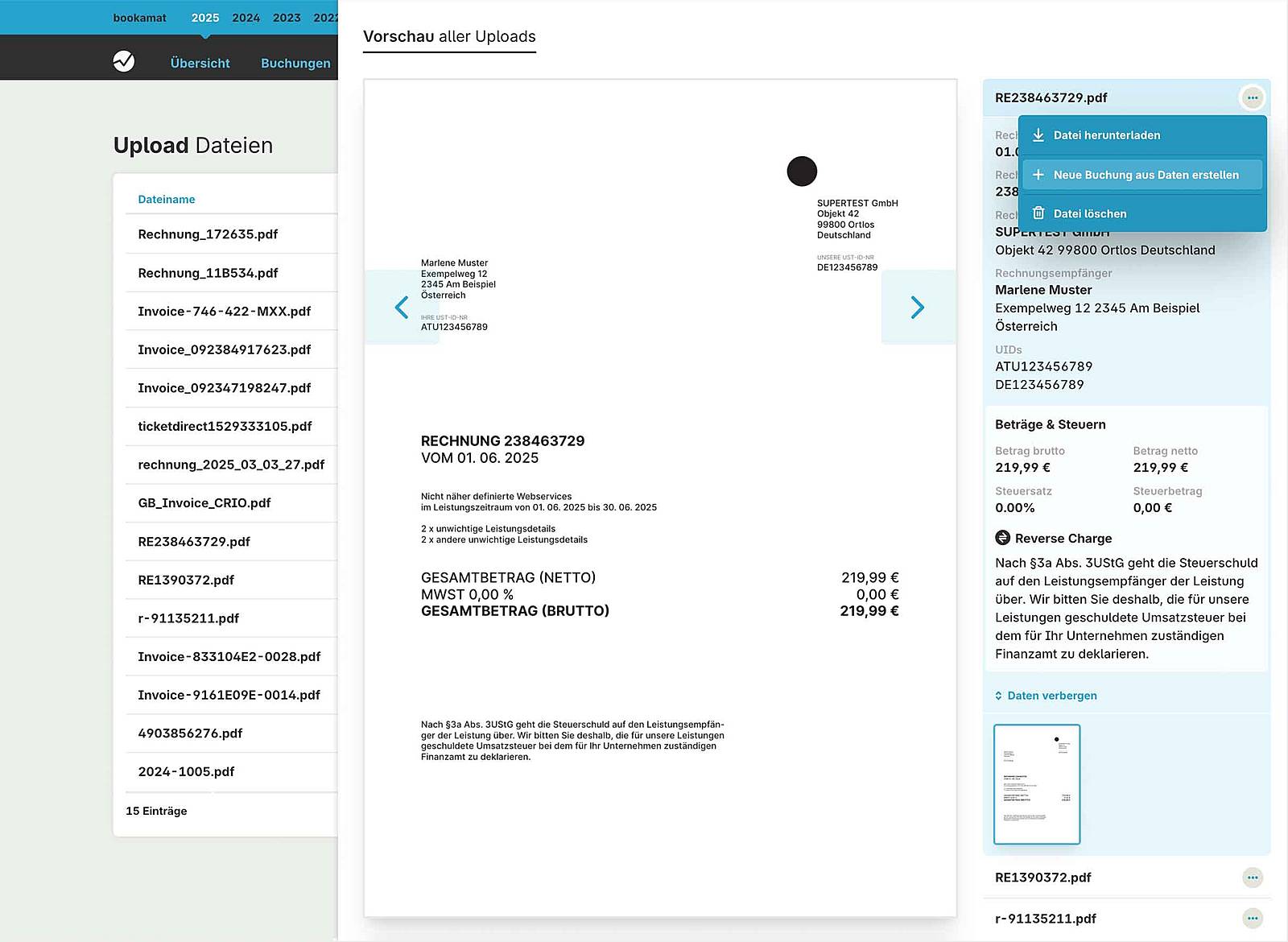 Detailansicht eines Uploads mit Vorschau und analysierten Rechnungsdaten